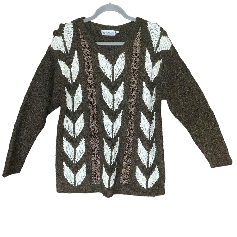 Vintage Pierre Cavallo Brown Cream Knit Sweater Crew Neck Ribbed Hem Size L